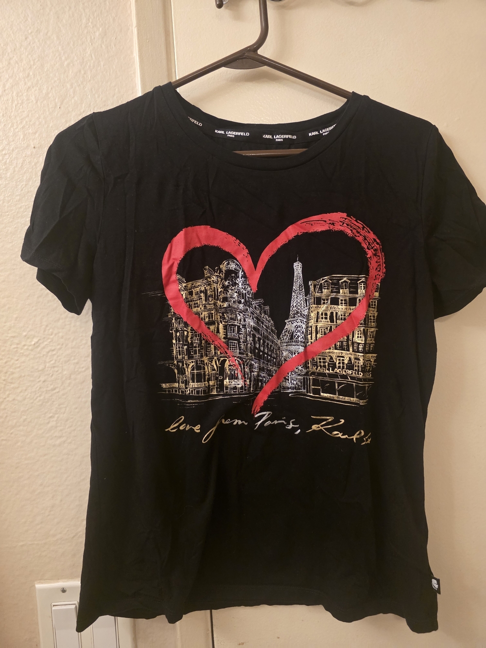 Karl Lagerfeld Black Tee with Red Heart and Gold Paris Graphic